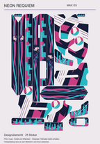 Neon Requiem: tatsächliche Gestaltung aller 25 MAX-G3-Skinteile mit drei Aussparungen. Porträts, abstrahierte Skyline und geometrische Farbflächen.