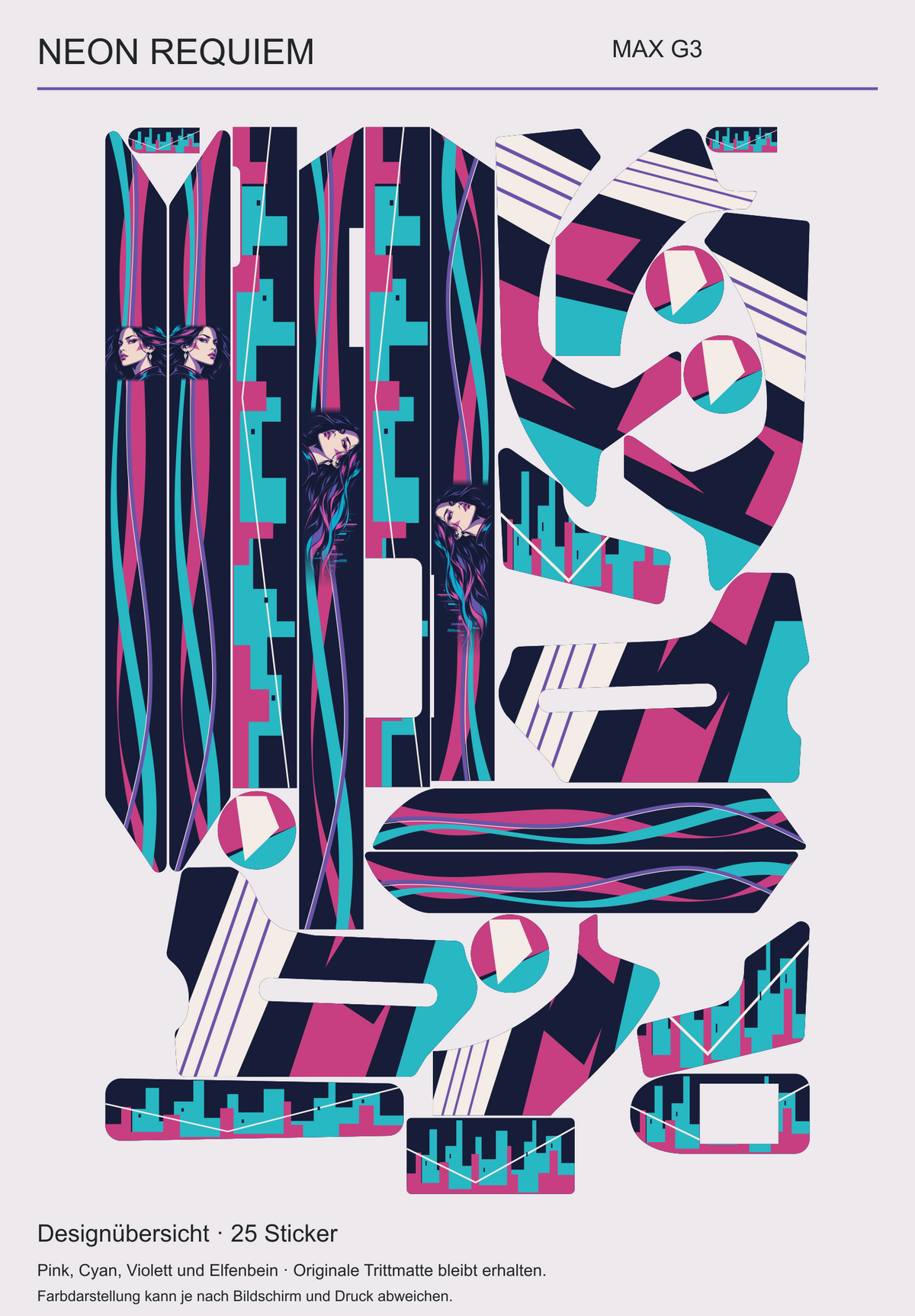 Neon Requiem: tatsächliche Gestaltung aller 25 MAX-G3-Skinteile mit drei Aussparungen. Porträts, abstrahierte Skyline und geometrische Farbflächen.