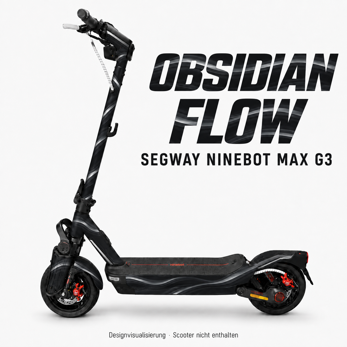 OBSIDIAN FLOW Skin für Segway Ninebot MAX G3 – Schwarz und Graphit mit fließenden silbergrauen Bändern. Digitale Designvisualisierung; Scooter nicht enthalten.