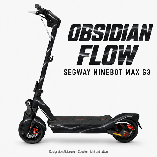 OBSIDIAN FLOW Skin für Segway Ninebot MAX G3 – Schwarz und Graphit mit fließenden silbergrauen Bändern. Digitale Designvisualisierung; Scooter nicht enthalten.