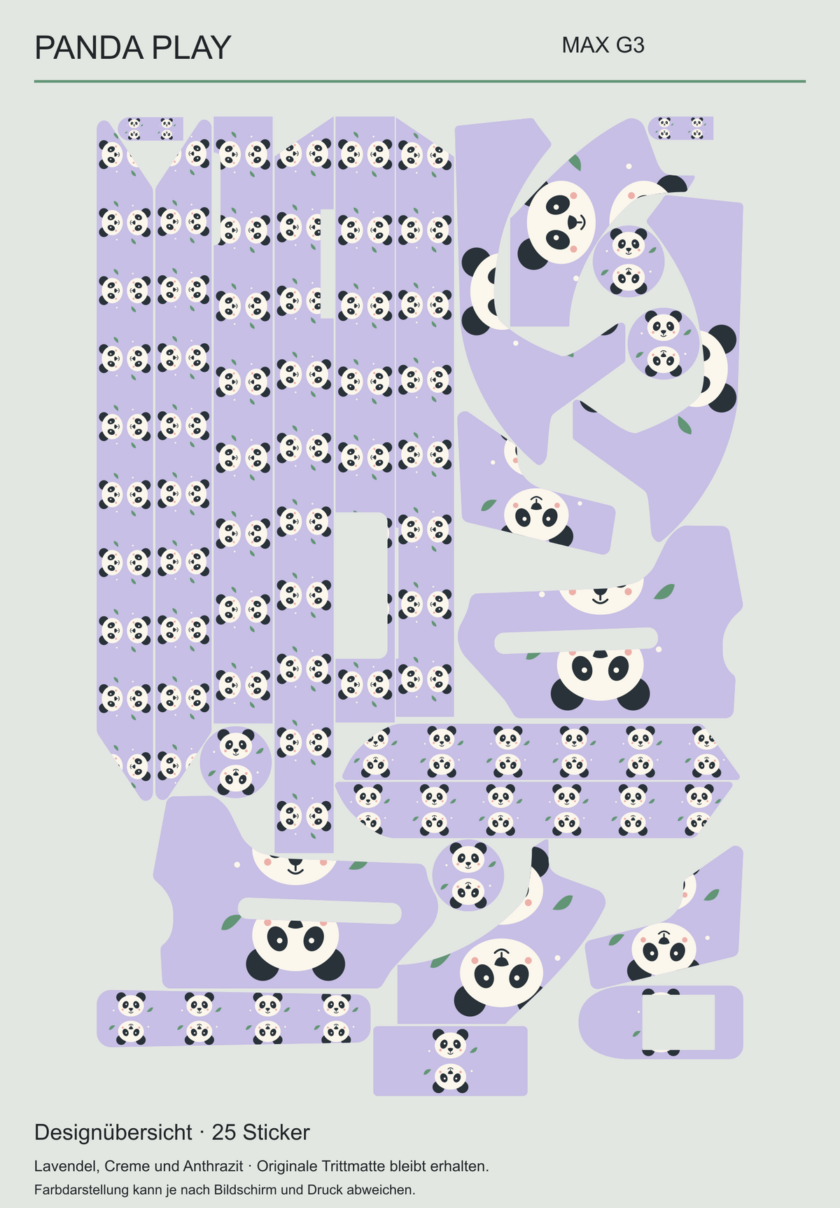 Panda Play für Ninebot MAX G3 – tatsächliche Gestaltung aller 25 Skin-Teile mit drei erhaltenen Aussparungen und getrennten Seitenteilen.
