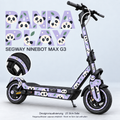 Panda Play auf Segway Ninebot MAX G3 – freundliche Pandagesichter auf Lavendel mit salbeigrünen Blättern. Originale schwarze Trittmatte bleibt; Felgen separat.