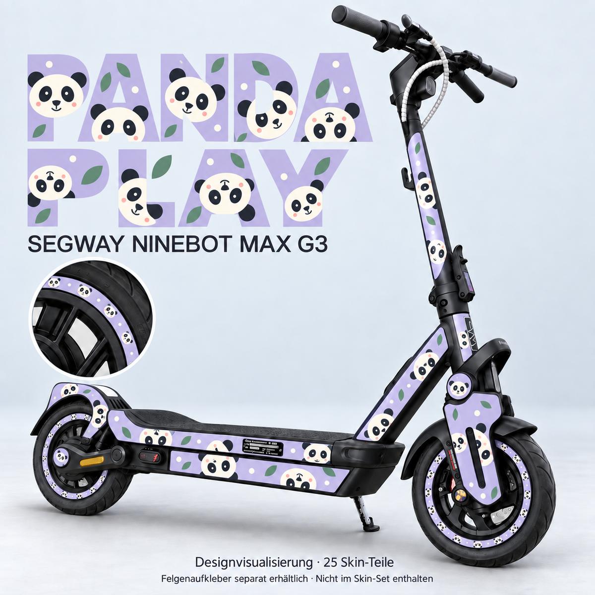 Panda Play auf Segway Ninebot MAX G3 – freundliche Pandagesichter auf Lavendel mit salbeigrünen Blättern. Originale schwarze Trittmatte bleibt; Felgen separat.