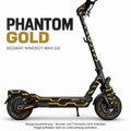 PHANTOM GOLD für Ninebot MAX G3 – getrennte Skin-Seitenteile und passende Felgenaufkleber in Goldoptik. Felgenaufkleber nicht im Lieferumfang enthalten; digitale Designvisualisierung.