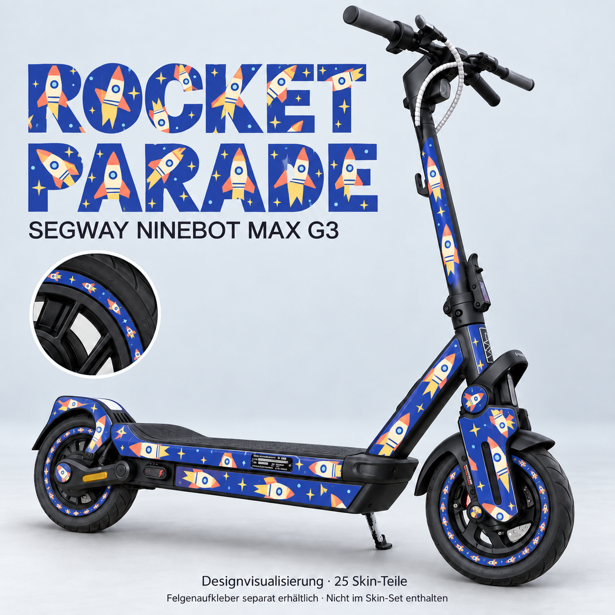 Rocket Parade für Ninebot MAX G3 – cremefarbene Retro-Raketen mit Koralle und gelben Sternen auf Kobaltblau. Schwarze Trittmatte bleibt, Felgen separat.