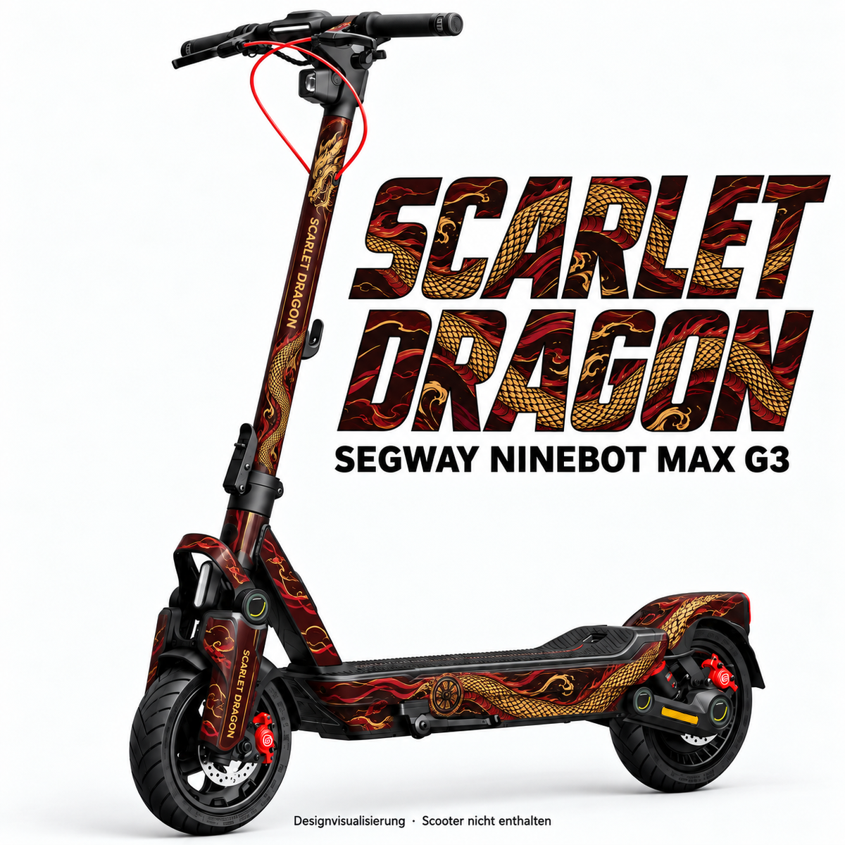 SEGWAY NINEBOT G3 SKIN | SCARLET DRAGON – Designvisualisierung am passenden Scooter. Scooter nicht enthalten.