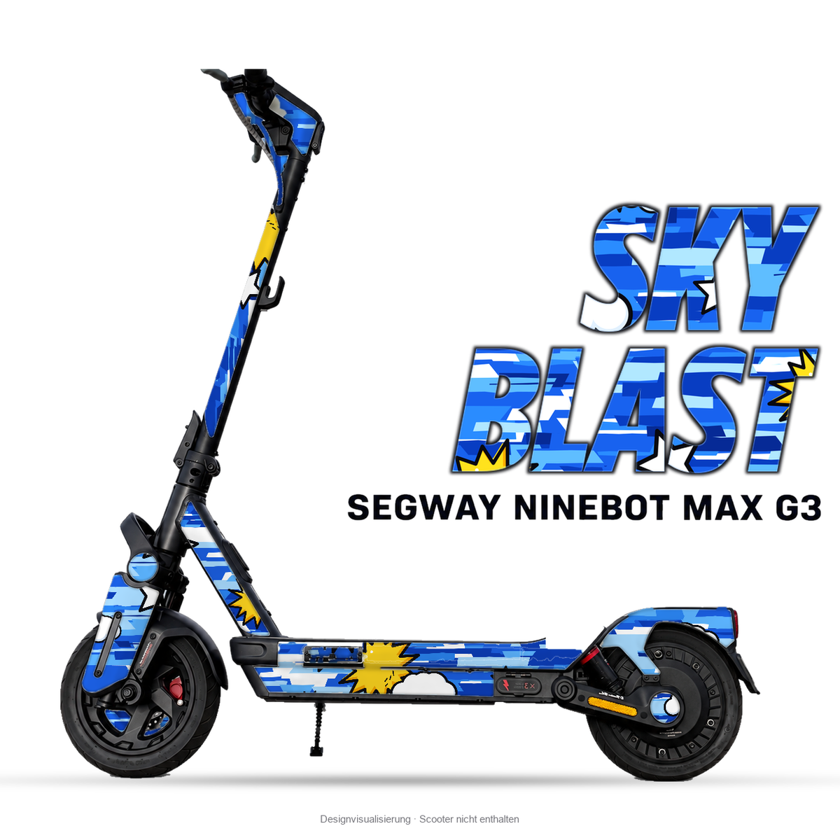 SKY BLAST – Designvisualisierung am Segway Ninebot MAX G3. Scooter nicht enthalten.