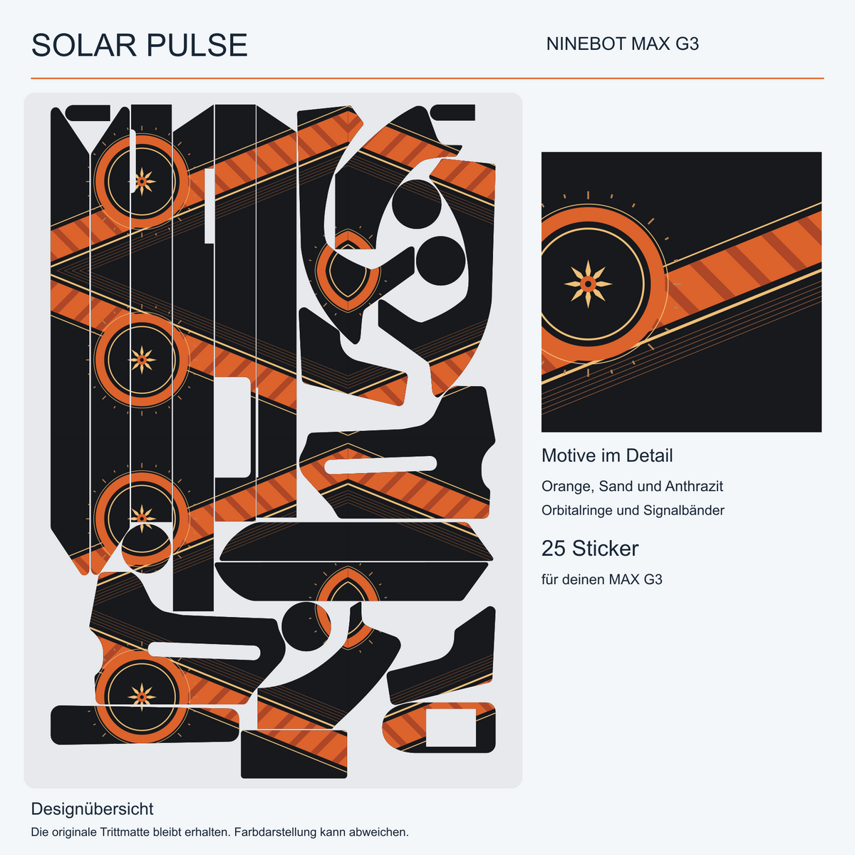 SOLAR PULSE Designübersicht für Ninebot MAX G3 – 25 originale Verkleidungsteile, orange Orbitalringe und Signalbänder auf Anthrazit. Originale Trittmatte bleibt erhalten.