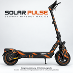 SOLAR PULSE auf Segway Ninebot MAX G3 mit getrennten Seitenteilen und passenden optionalen Felgenaufklebern. Designvisualisierung; Scooter, Trittmatte und Felgenaufkleber nicht enthalten.