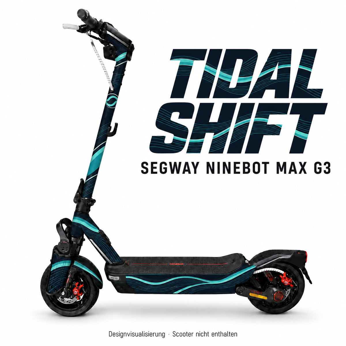TIDAL SHIFT Skin für Segway Ninebot MAX G3 mit Wellenbändern in Petrol und Aqua auf Marineblau – digitale Designvisualisierung, Scooter nicht enthalten
