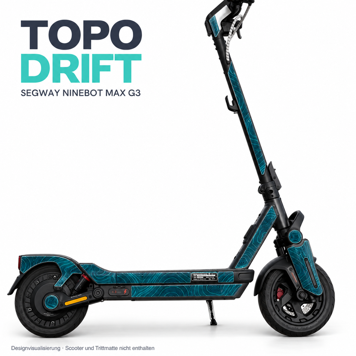 TOPO DRIFT für Segway Ninebot MAX G3 – Designvisualisierung anhand echter Montagefotos, getrennte Seitenstreifen und türkisfarbene Höhenlinien auf den runden Abdeckungen.