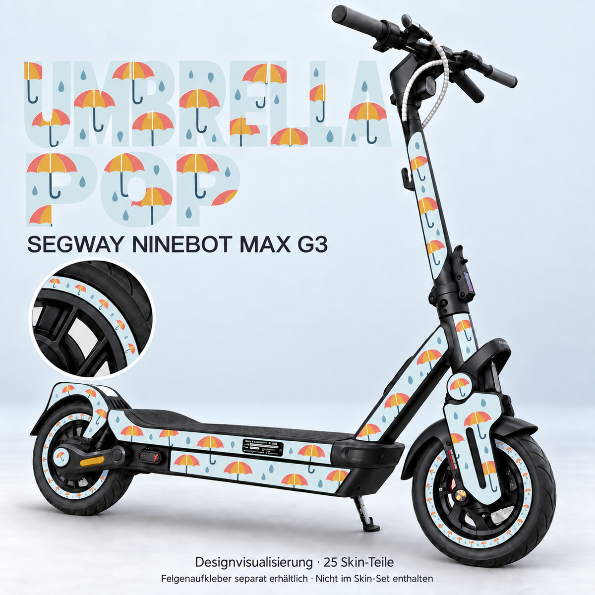 Umbrella Pop auf Ninebot MAX G3: korallfarbene und ockerfarbene Regenschirme auf Blaugrau. Schwarze Originaltrittmatte; passende Felgen separat.