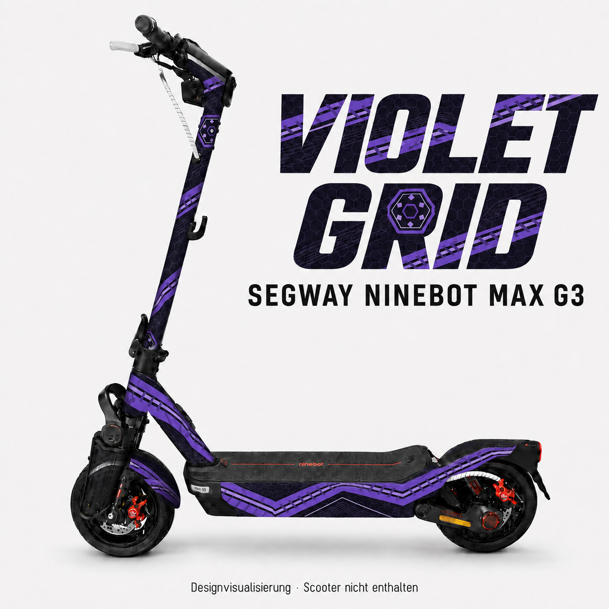 VIOLET GRID Skin für Segway Ninebot MAX G3 mit violetten Bändern und Hexagonraster – digitale Designvisualisierung, Scooter nicht enthalten