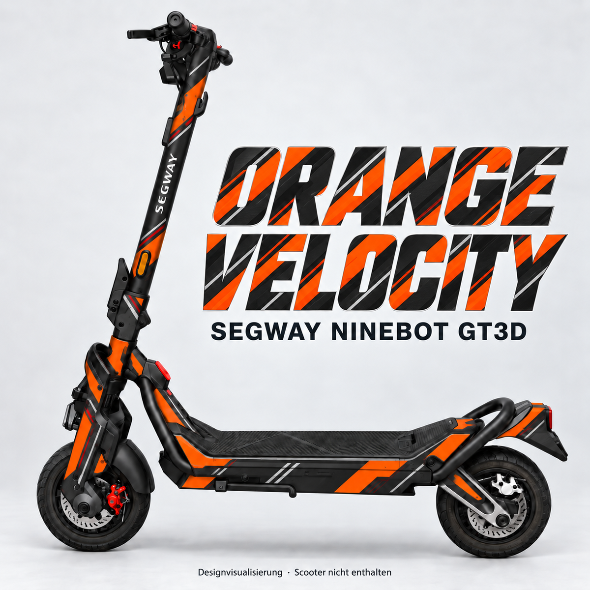 SEGWAY NINEBOT GT3 SKIN | ORANGE VELOCITY – Designvisualisierung am passenden Scooter. Scooter nicht enthalten.