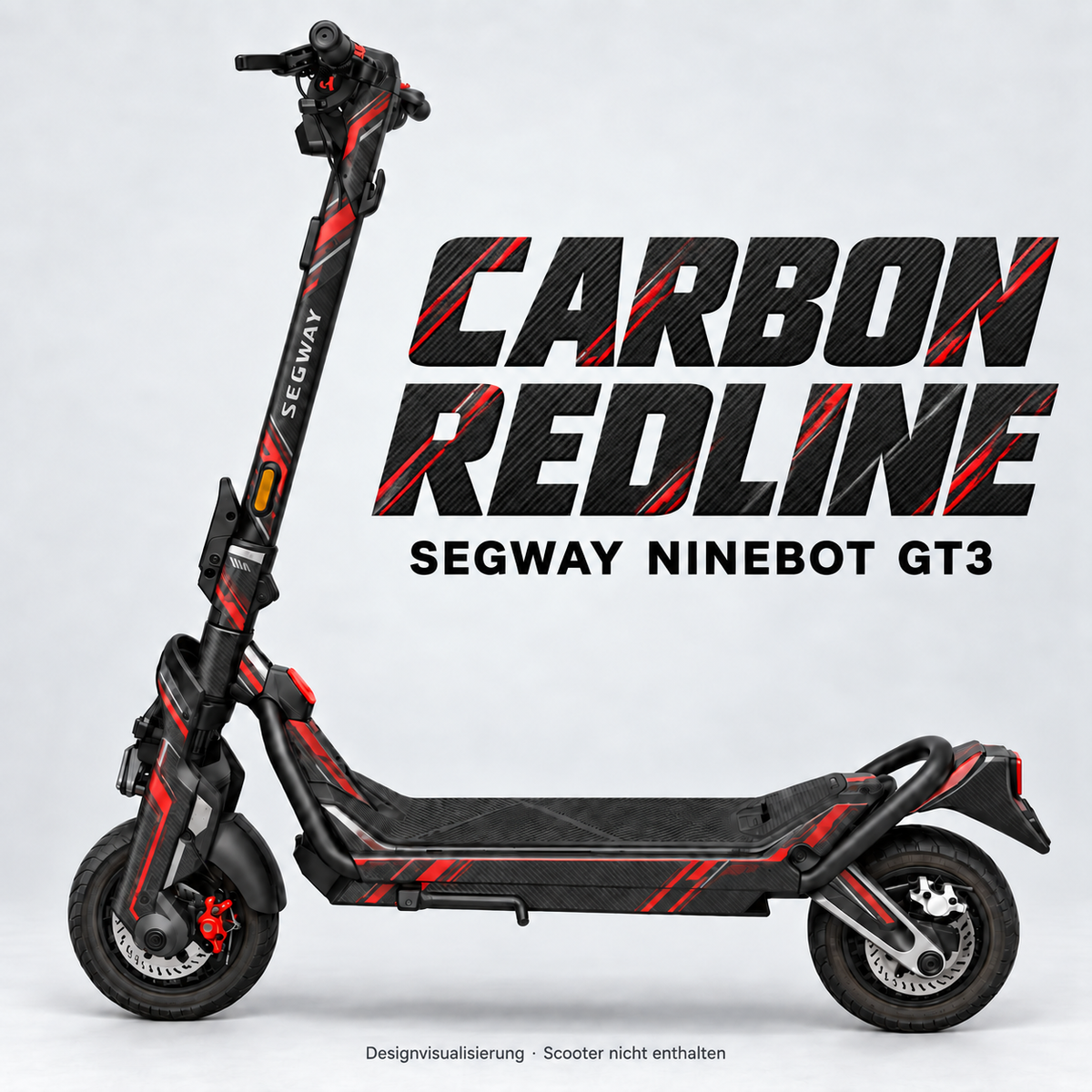 SEGWAY NINEBOT GT3 SKIN | CARBON REDLINE – Designvisualisierung am passenden Scooter. Scooter nicht enthalten.