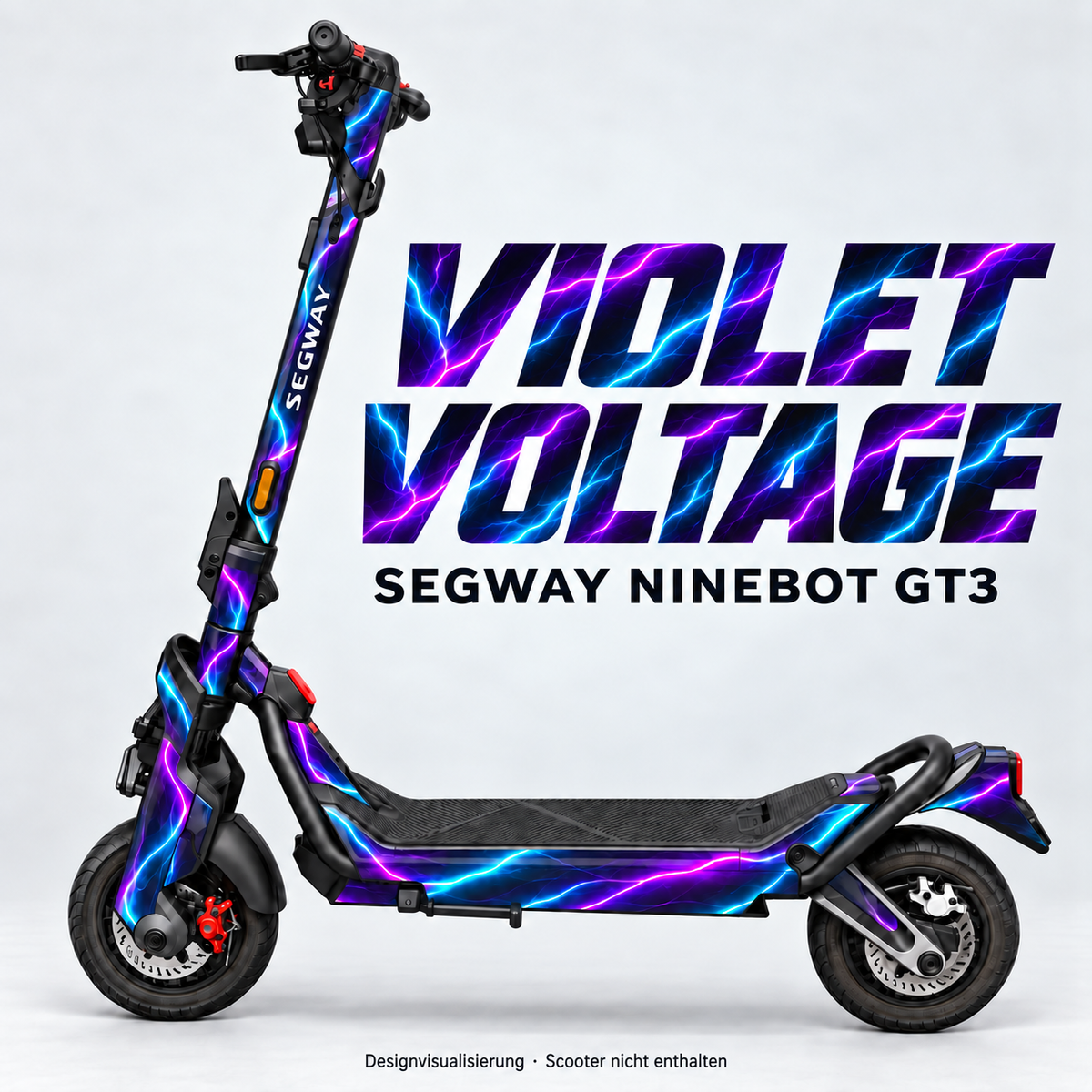 SEGWAY NINEBOT GT3 SKIN | VIOLET VOLTAGE – Designvisualisierung am passenden Scooter. Scooter nicht enthalten.