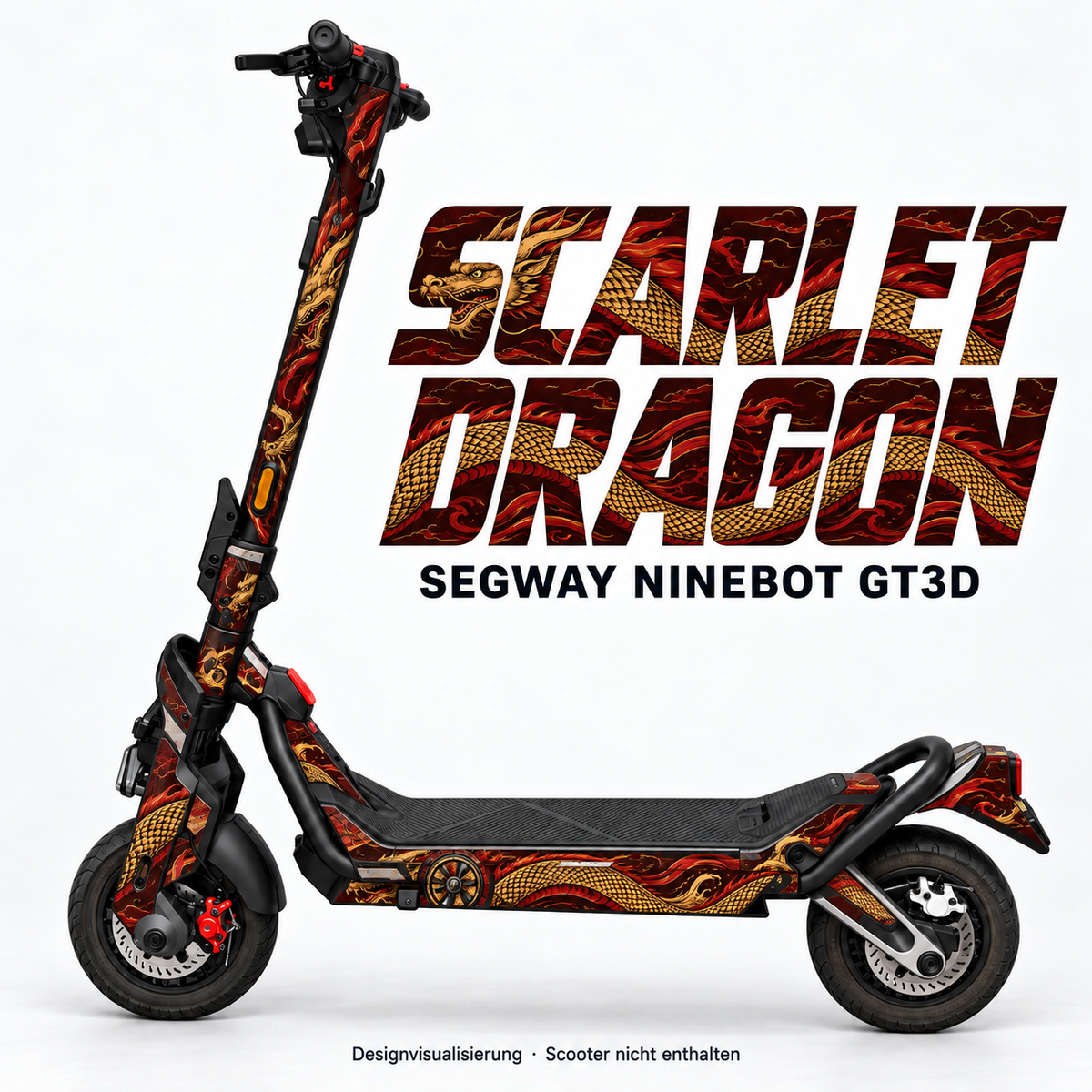 SEGWAY NINEBOT GT3 SKIN | SCARLET DRAGON – Designvisualisierung am passenden Scooter. Scooter nicht enthalten.