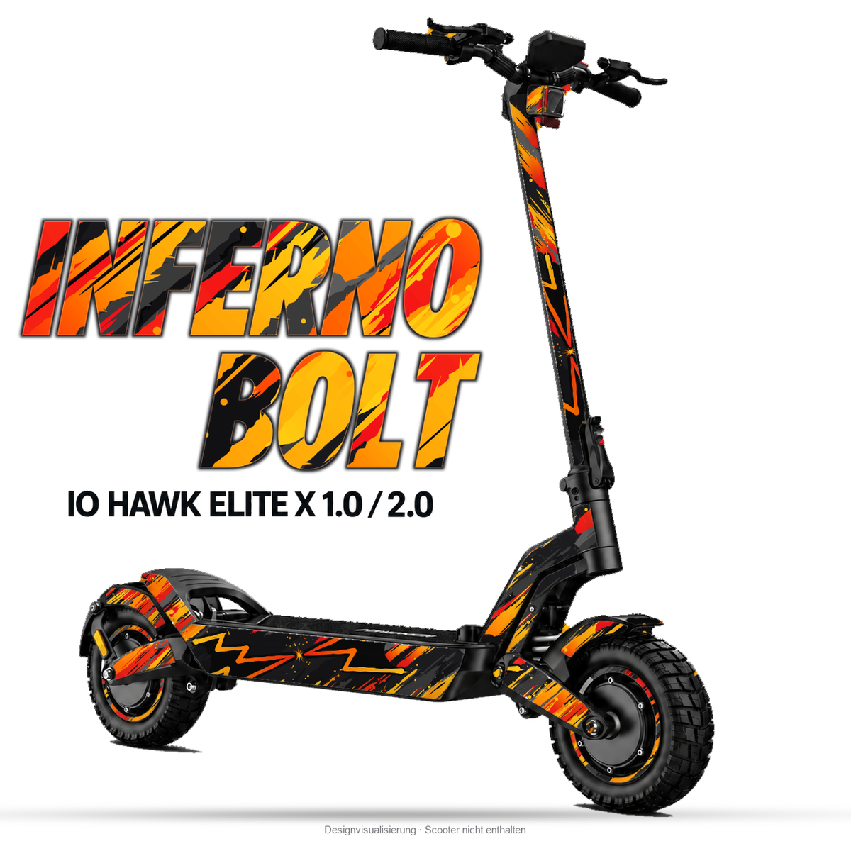 INFERNO BOLT – Designvisualisierung am IO HAWK Elite X 1.0 / 2.0. Scooter nicht enthalten.