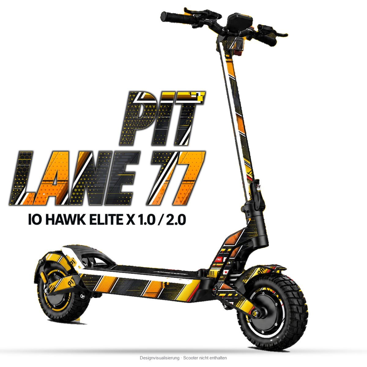 PIT LANE 77 – Designvisualisierung am IO HAWK Elite X 1.0 / 2.0. Scooter nicht enthalten.