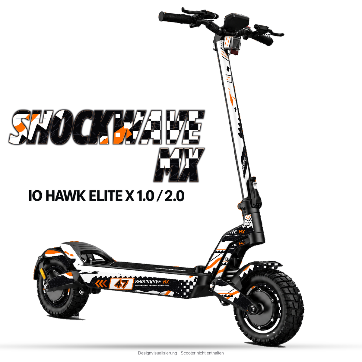 SHOCKWAVE MX – Designvisualisierung am IO HAWK Elite X 1.0 / 2.0. Scooter nicht enthalten.