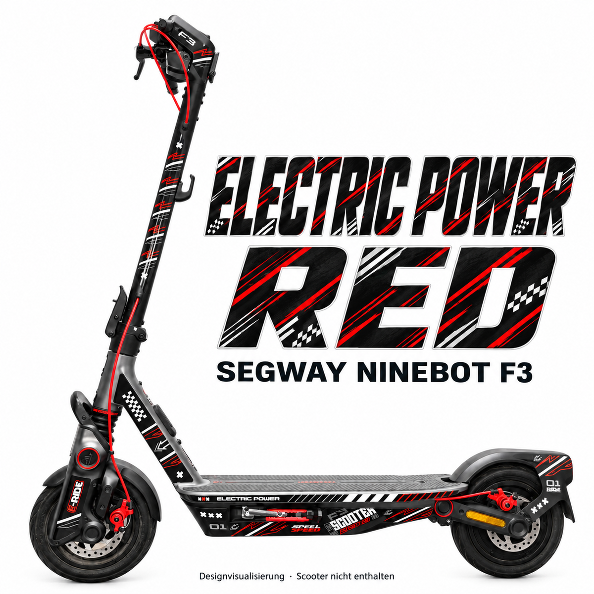 SEGWAY NINEBOT F3 SKIN | ELECTRIC POWER RED – Designvisualisierung am passenden Scooter. Scooter nicht enthalten.