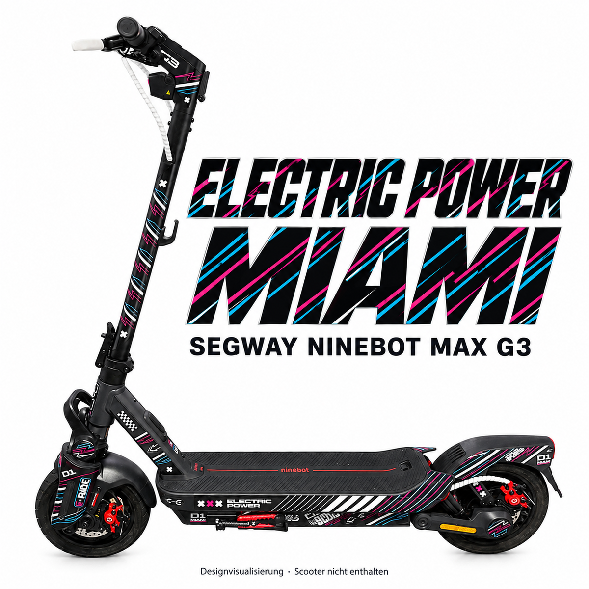 SEGWAY NINEBOT G3 SKIN | ELECTRIC POWER MIAMI – Designvisualisierung am passenden Scooter. Scooter nicht enthalten.