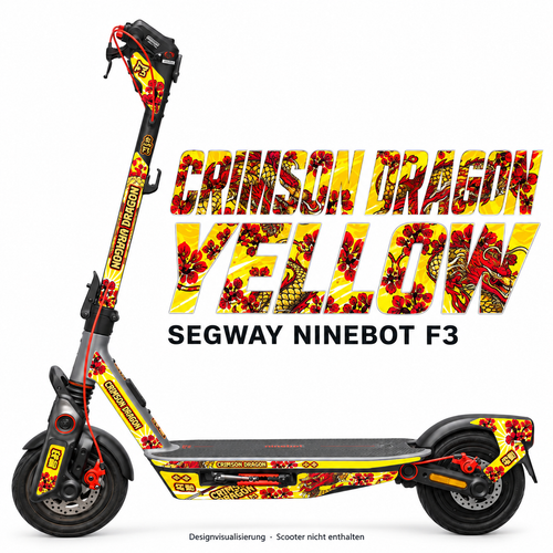 SEGWAY NINEBOT F3 SKIN | CRIMSON DRAGON YELLOW – Designvisualisierung am passenden Scooter. Scooter nicht enthalten.