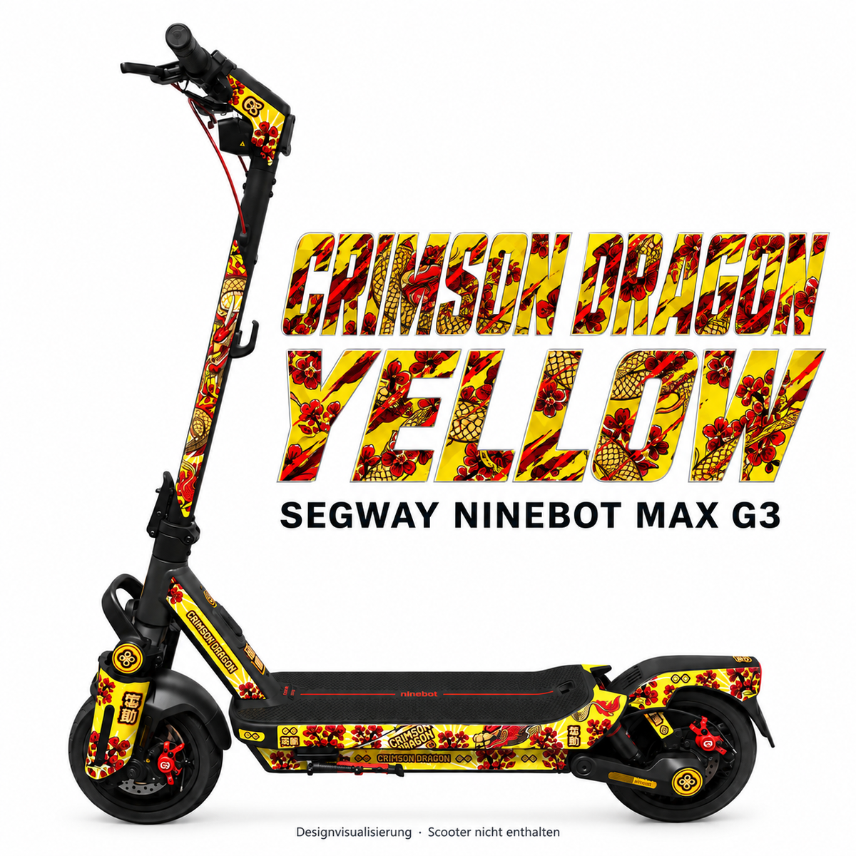 SEGWAY NINEBOT G3 SKIN | CRIMSON DRAGON YELLOW – Designvisualisierung am passenden Scooter. Scooter nicht enthalten.