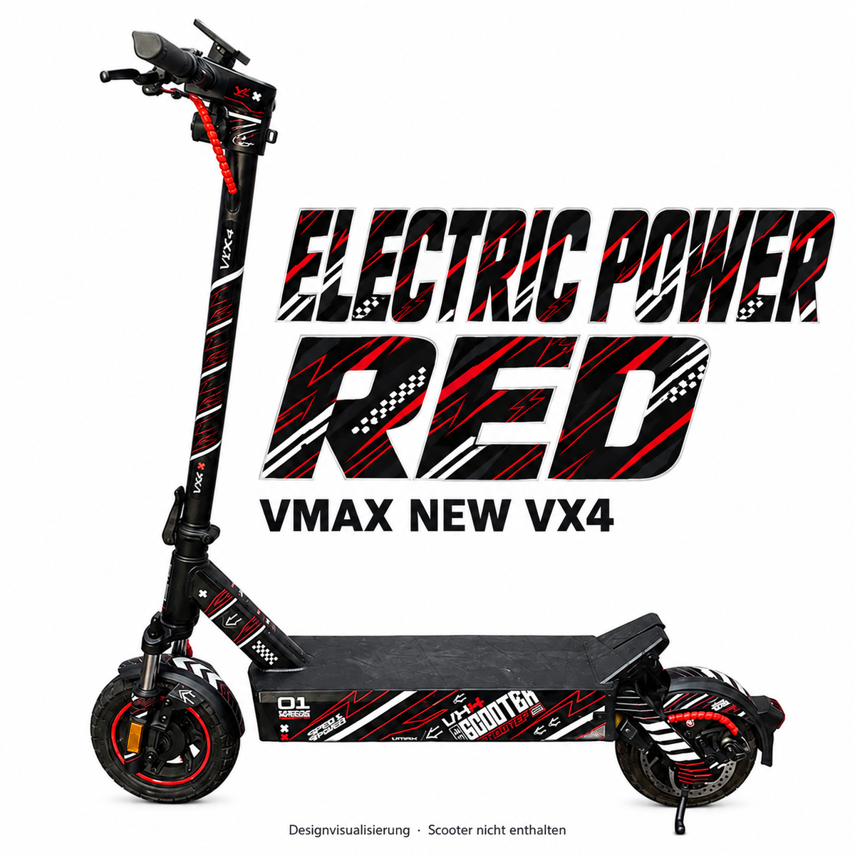 VMAX NEW VX4 SKIN | ELECTRIC POWER RED – Designvisualisierung am passenden Scooter. Scooter nicht enthalten.