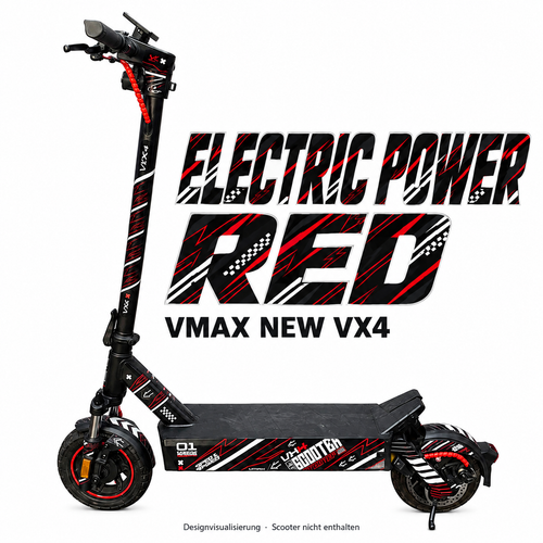 VMAX NEW VX4 SKIN | ELECTRIC POWER RED – Designvisualisierung am passenden Scooter. Scooter nicht enthalten.