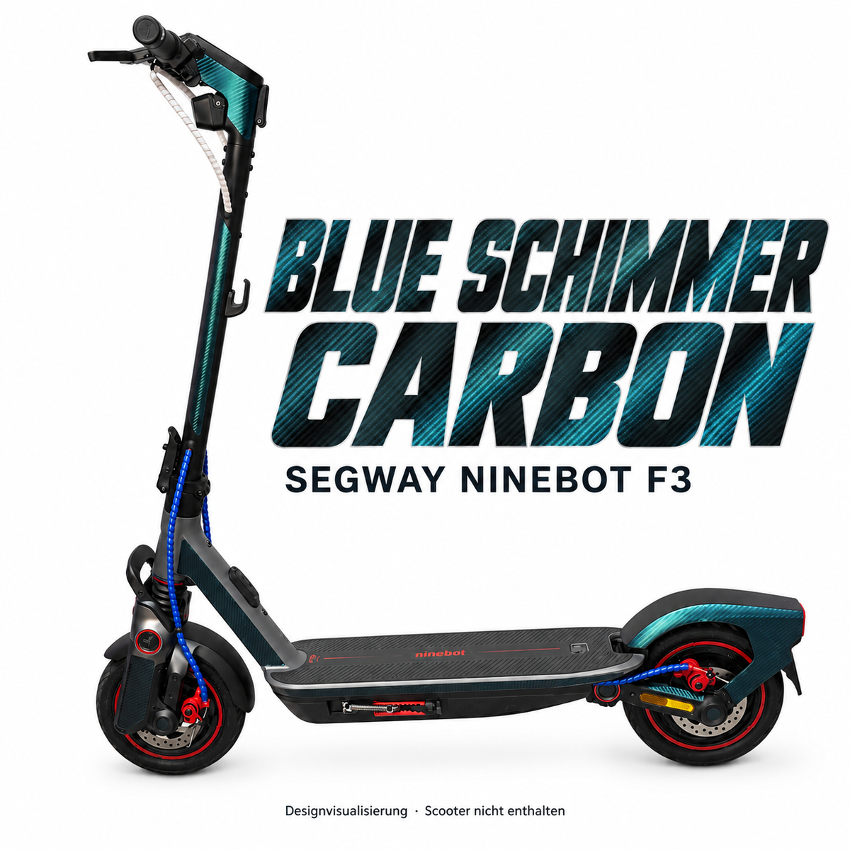 SEGWAY NINEBOT F3 SKIN | BLUE SCHIMMER CARBON – Designvisualisierung am passenden Scooter. Scooter nicht enthalten.