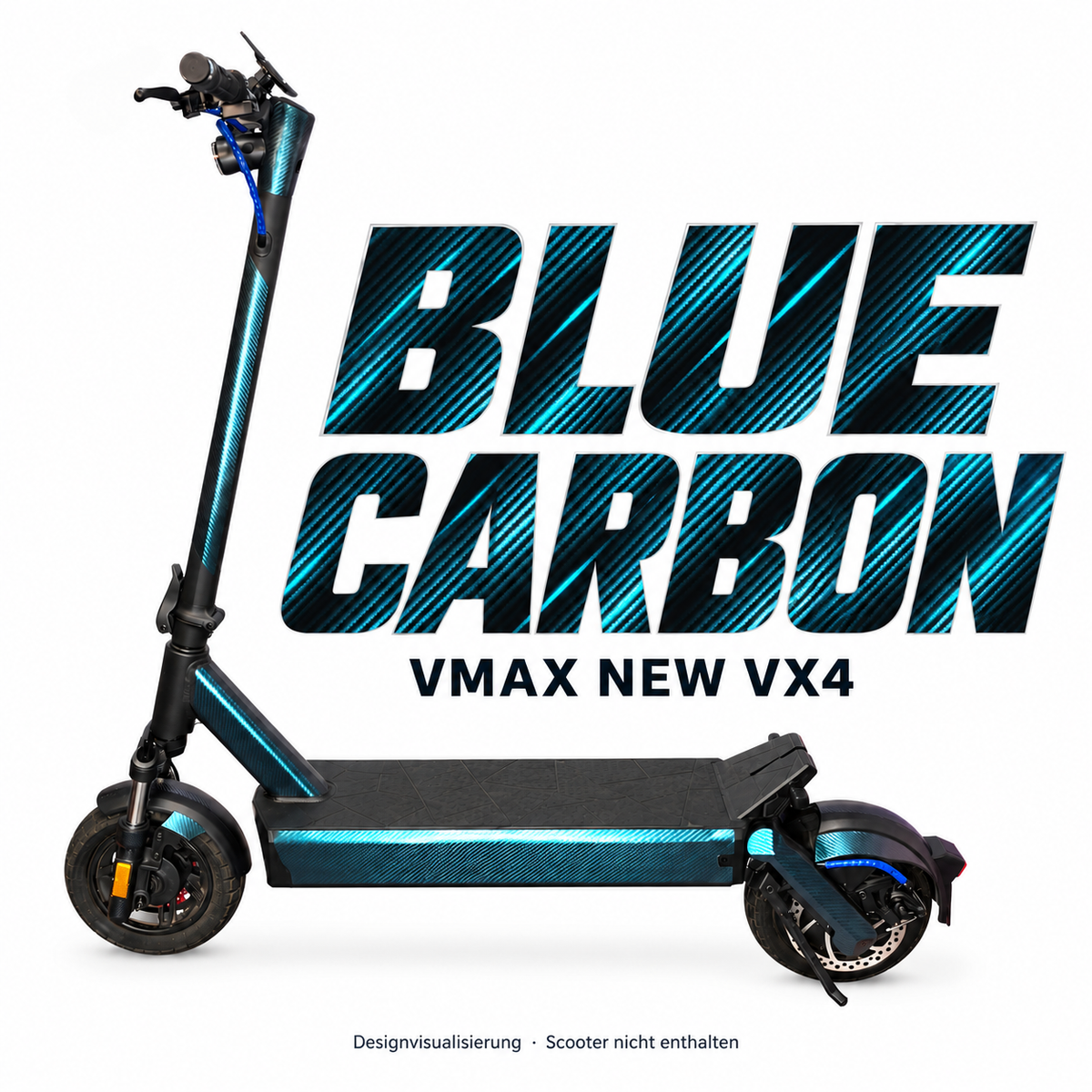 VMAX NEW VX4 SKIN | BLUE CARBON – Designvisualisierung am passenden Scooter. Scooter nicht enthalten.