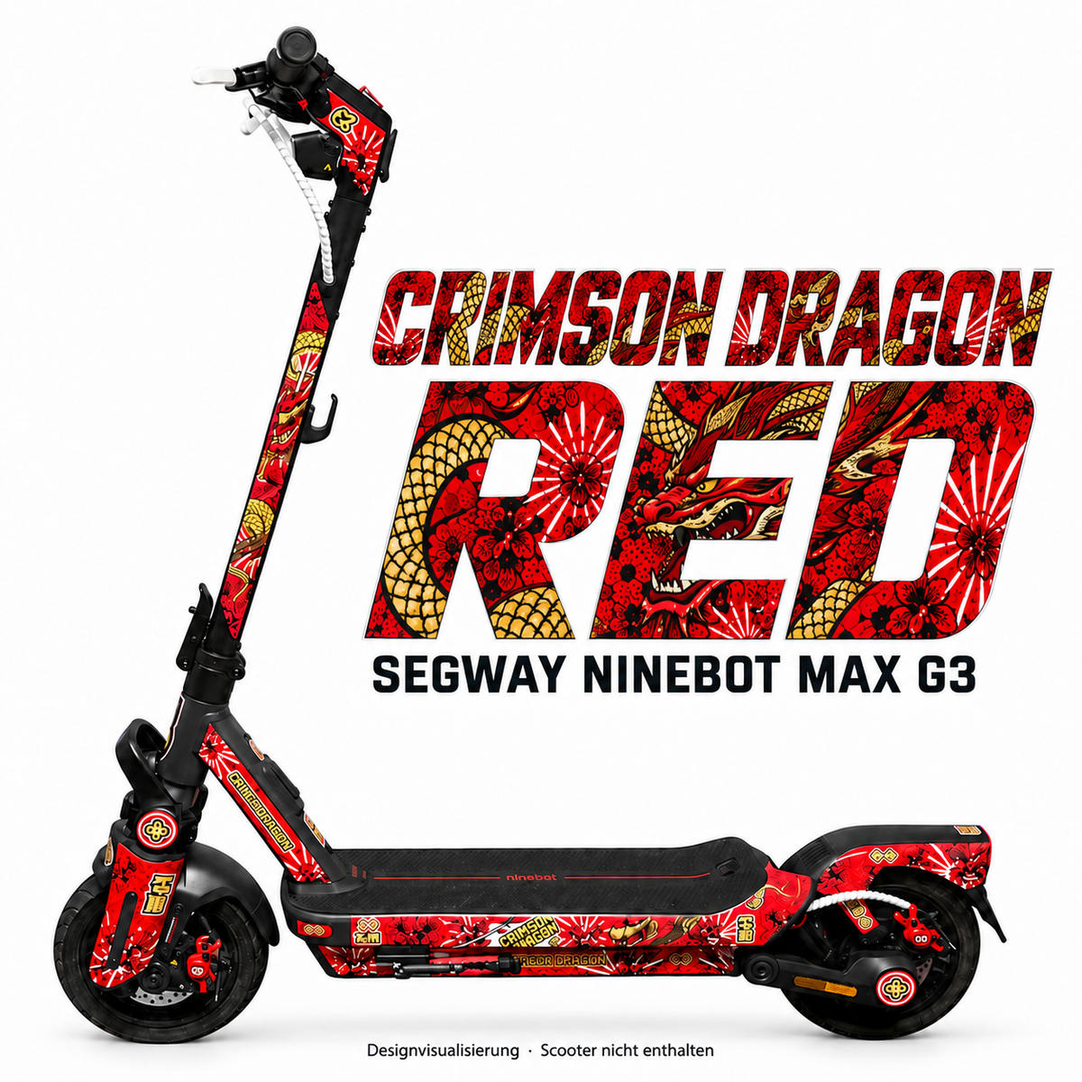 SEGWAY NINEBOT G3 SKIN | CRIMSON DRAGON RED – Designvisualisierung am passenden Scooter. Scooter nicht enthalten.