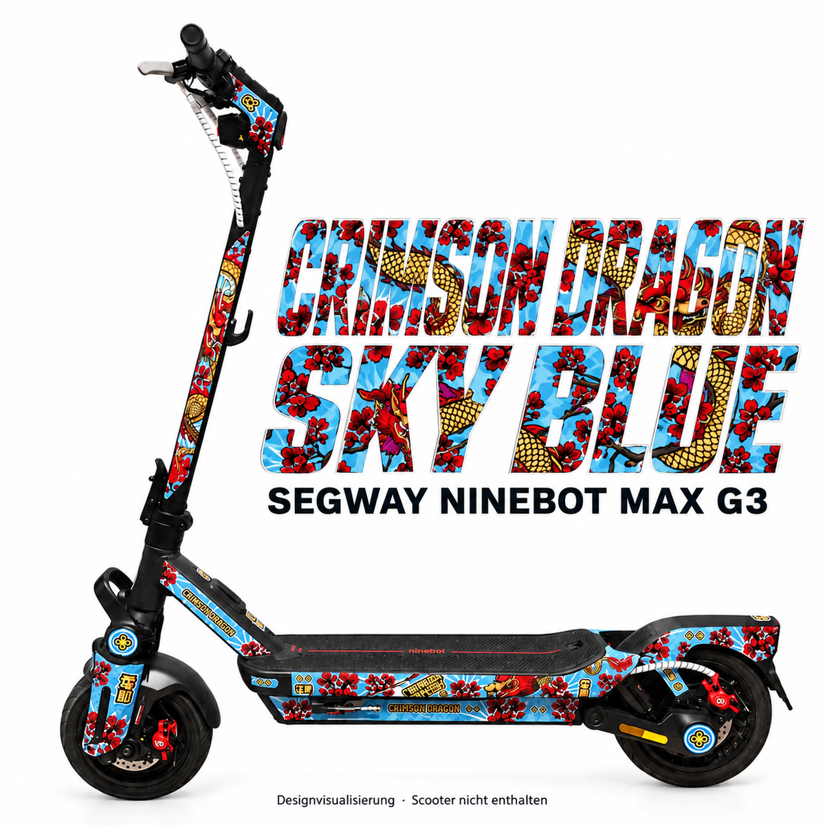 SEGWAY NINEBOT G3 SKIN | CRIMSON DRAGON SKY BLUE – Designvisualisierung am passenden Scooter. Scooter nicht enthalten.