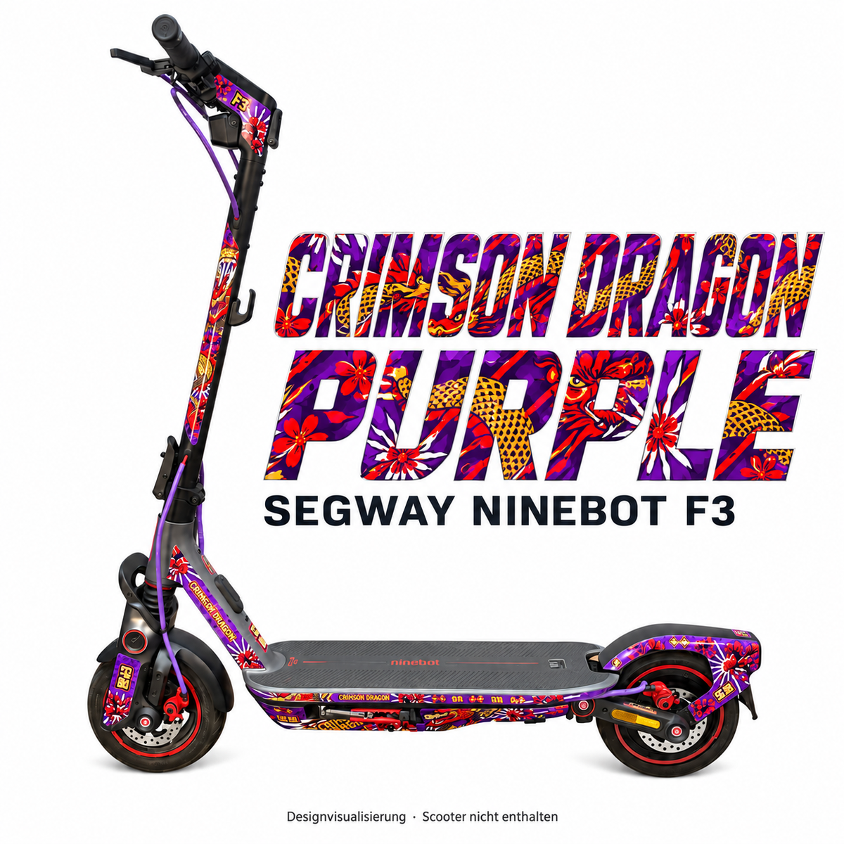SEGWAY NINEBOT F3 SKIN | CRIMSON DRAGON PURPLE – Designvisualisierung am passenden Scooter. Scooter nicht enthalten.