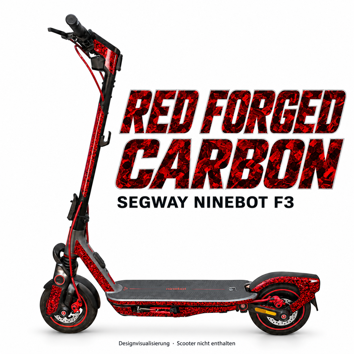 SEGWAY NINEBOT F3 SKIN | RED FORGED CARBON – Designvisualisierung am passenden Scooter. Scooter nicht enthalten.