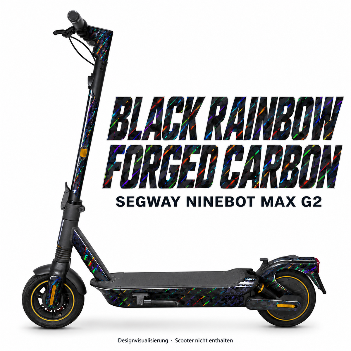 SEGWAY NINEBOT G2 MAX SKIN | BLACK RAINBOW FORGED CARBON – Designvisualisierung am passenden Scooter. Scooter nicht enthalten.