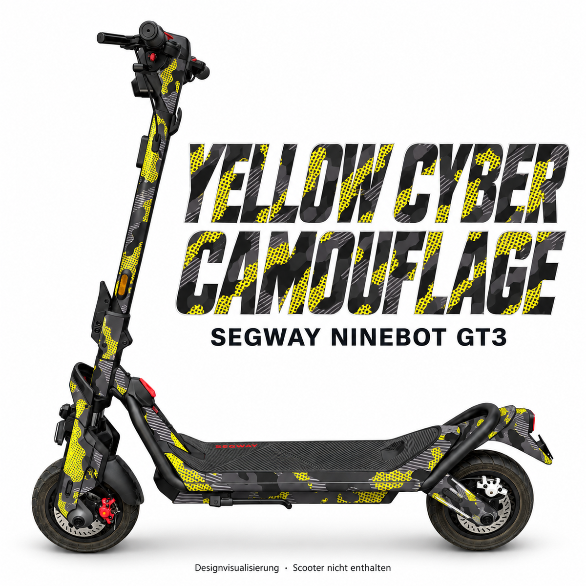 SEGWAY NINEBOT GT3 SKIN | YELLOW CYBER CAMOUFLAGE – Designvisualisierung am passenden Scooter. Scooter nicht enthalten.
