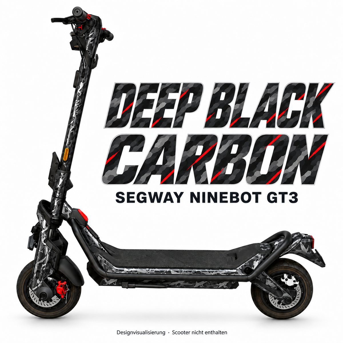 SEGWAY NINEBOT GT3 SKIN | DEEP BLACK CARBON – Designvisualisierung am passenden Scooter. Scooter nicht enthalten.