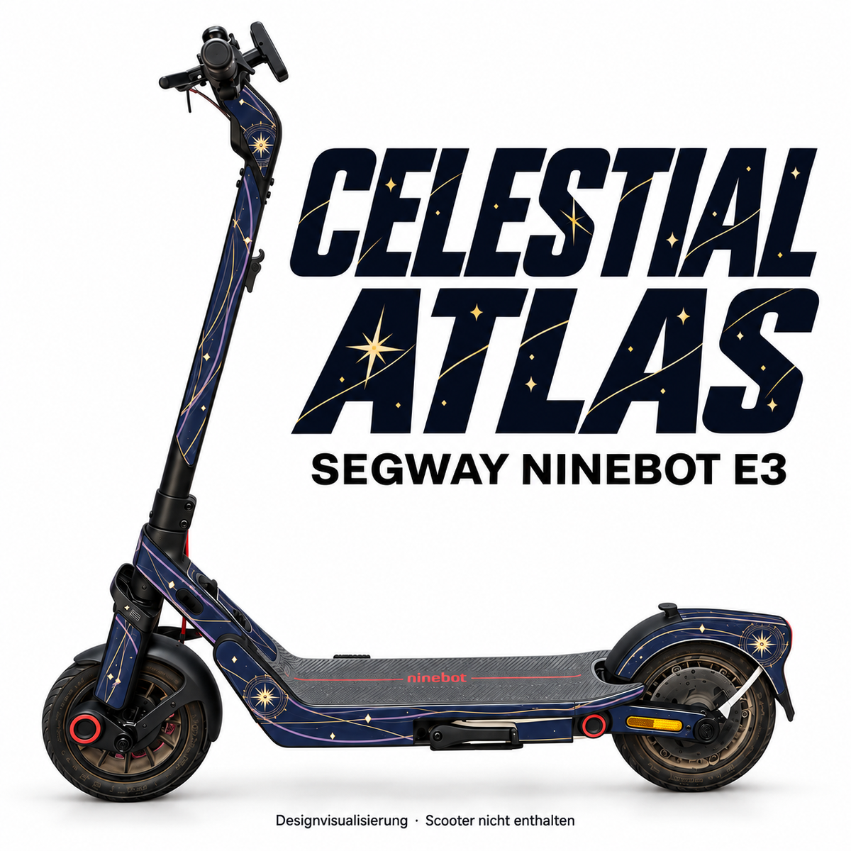 SEGWAY NINEBOT E3 SKIN | CELESTIAL ATLAS – Designvisualisierung am passenden Scooter. Scooter nicht enthalten.