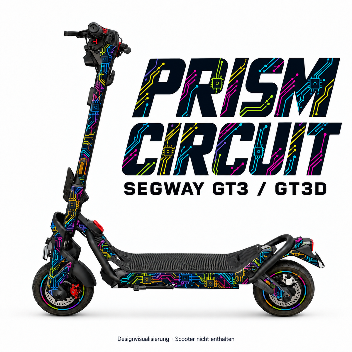 SEGWAY NINEBOT GT3 SKIN | PRISM CIRCUIT – Designvisualisierung am passenden Scooter. Scooter nicht enthalten.