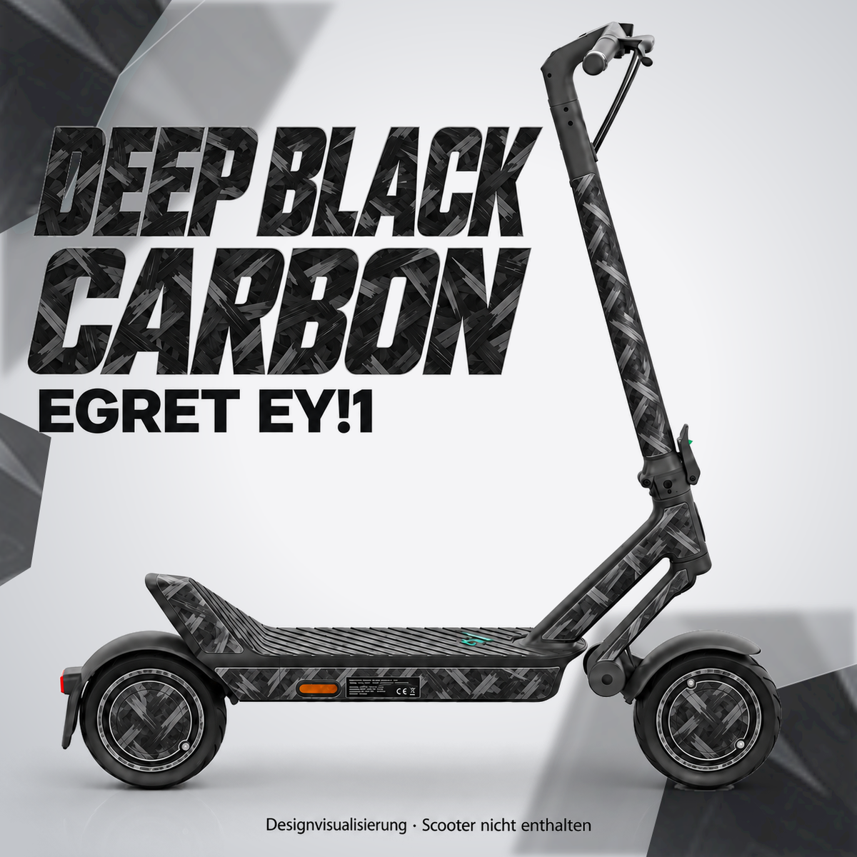 Egret Ey!1 Skin DEEP BLACK CARBON – Designvisualisierung. Reifenaufkleber separat erhältlich. Scooter nicht enthalten.