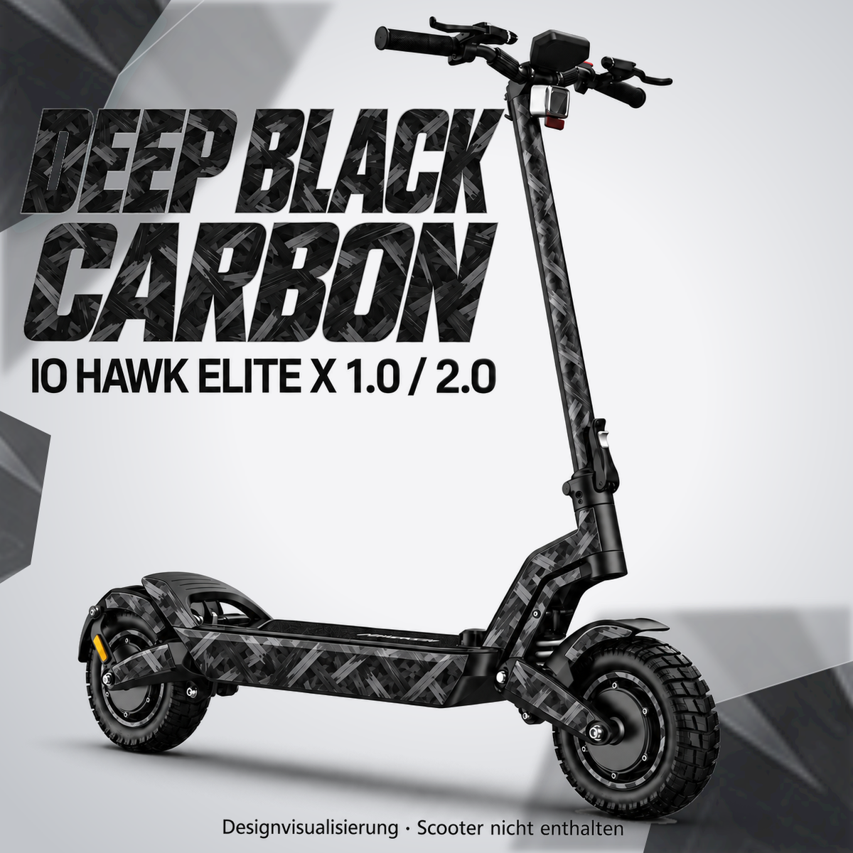 IO HAWK Elite X 1.0 / 2.0 Skin DEEP BLACK CARBON – Designvisualisierung. Reifenaufkleber separat erhältlich. Scooter nicht enthalten.
