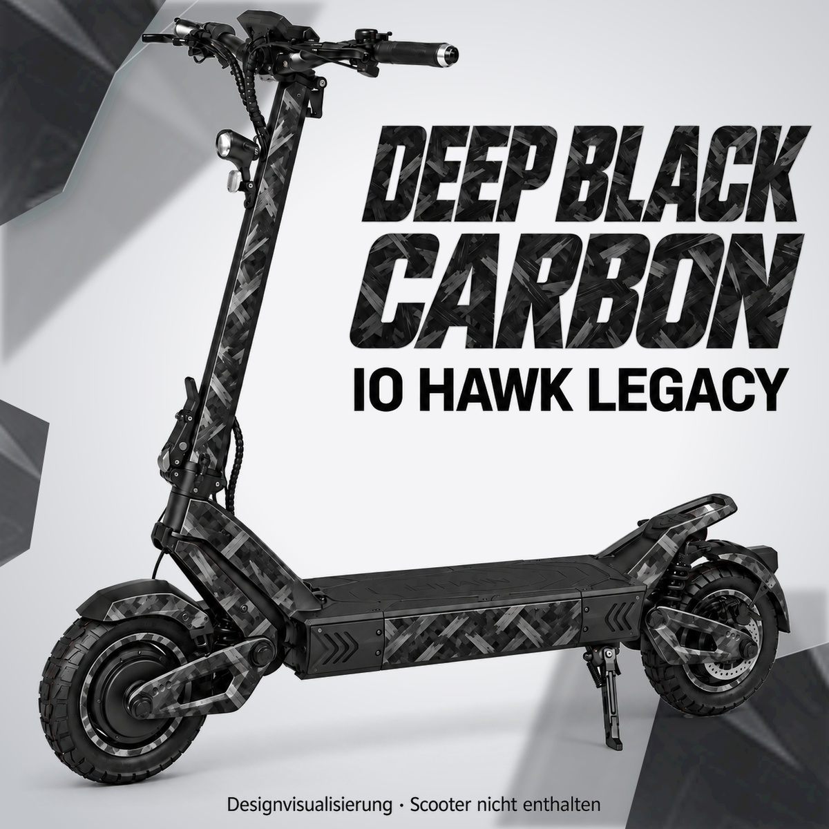 IO HAWK Legacy Skin DEEP BLACK CARBON – Designvisualisierung. Reifenaufkleber separat erhältlich. Scooter nicht enthalten.