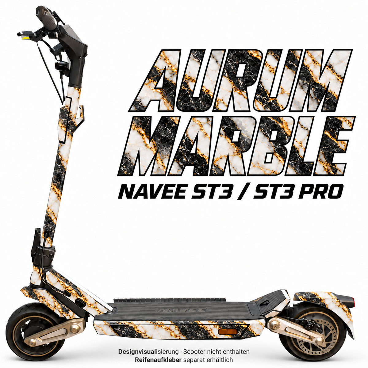 NAVEE ST3 / ST3 Pro Skin – AURUM MARBLE – Designvisualisierung auf den geprüften ST3-Folienflächen. Scooter nicht enthalten. Reifenaufkleber separat erhältlich.
