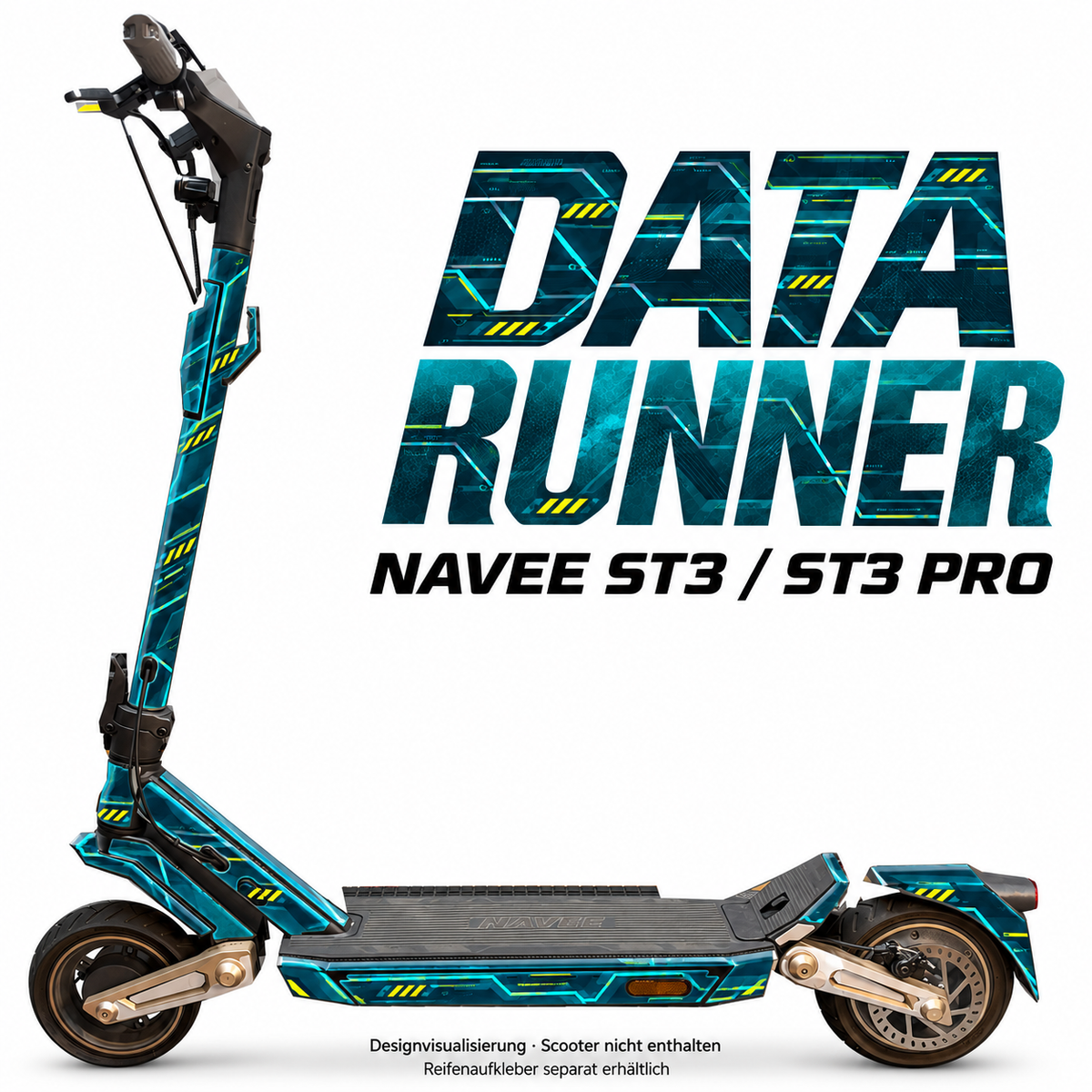 NAVEE ST3 / ST3 Pro Skin – DATA RUNNER – Designvisualisierung auf den geprüften ST3-Folienflächen. Scooter nicht enthalten. Reifenaufkleber separat erhältlich.