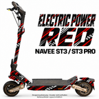 NAVEE ST3 / ST3 Pro Skin – ELECTRIC POWER RED – Designvisualisierung auf den geprüften ST3-Folienflächen. Scooter nicht enthalten. Reifenaufkleber separat erhältlich.