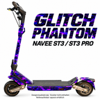 NAVEE ST3 / ST3 Pro Skin – GLITCH PHANTOM – Designvisualisierung auf den geprüften ST3-Folienflächen. Scooter nicht enthalten. Reifenaufkleber separat erhältlich.