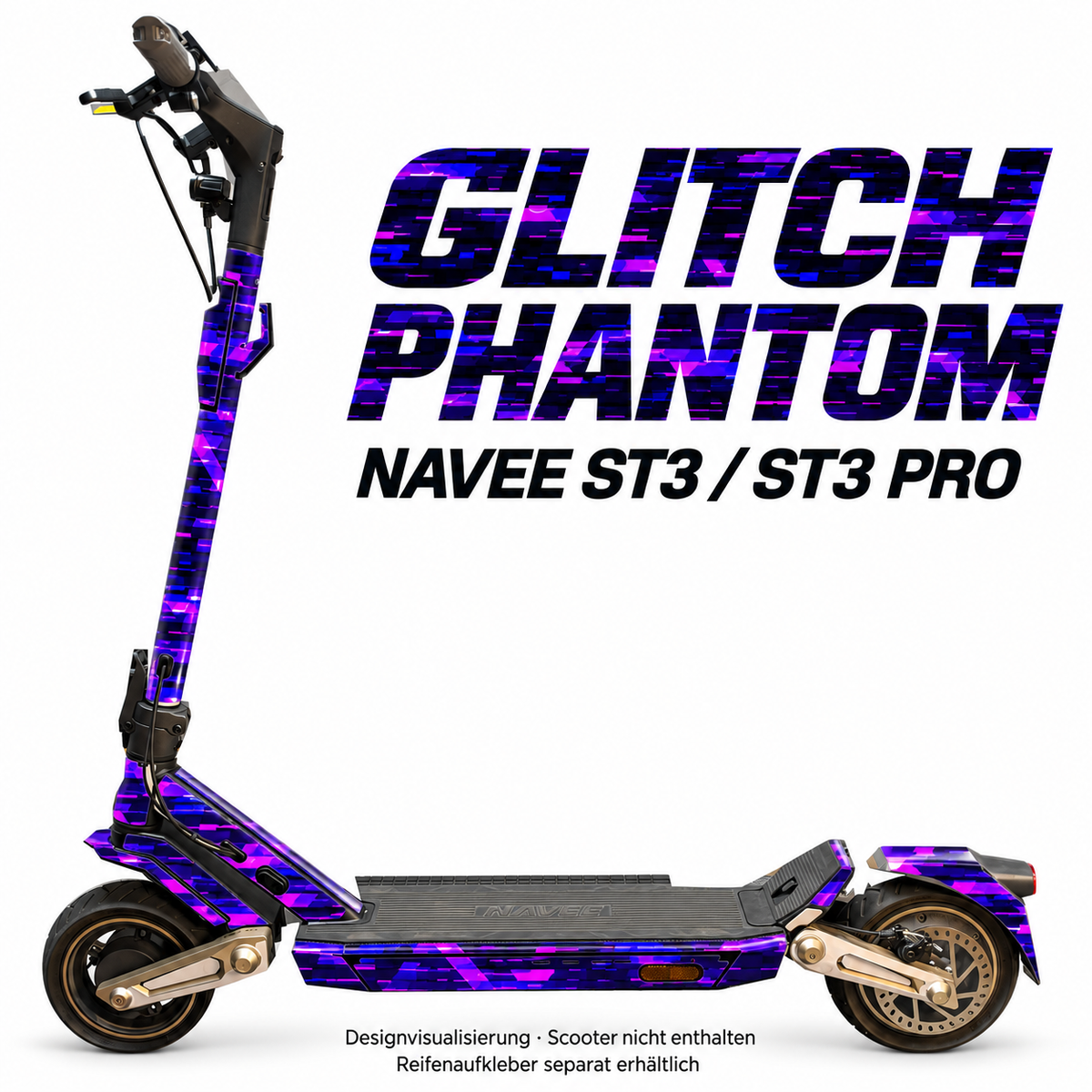 NAVEE ST3 / ST3 Pro Skin – GLITCH PHANTOM – Designvisualisierung auf den geprüften ST3-Folienflächen. Scooter nicht enthalten. Reifenaufkleber separat erhältlich.