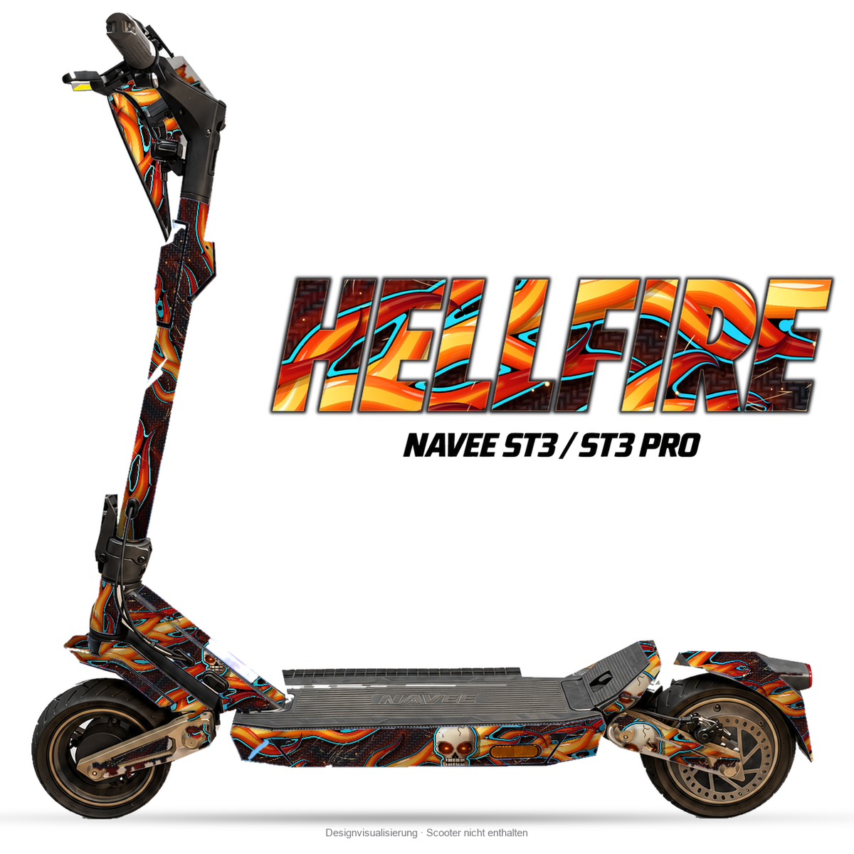 HELLFIRE – Designvisualisierung am NAVEE ST3 / ST3 Pro. Scooter nicht enthalten.